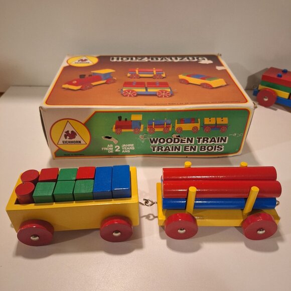 Complete Vintage Eichhorn Holz-Bauzug Wooden Train Set Age2+ Original Box Blocks - Picture 4 of 12